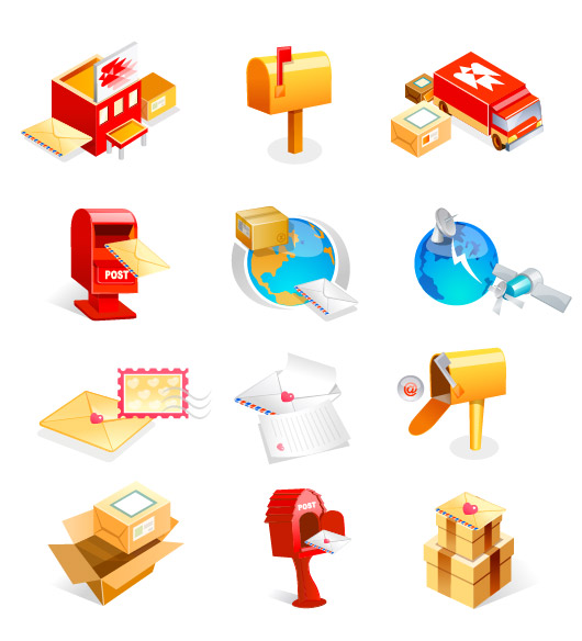 信箱、卫星、地球、邮包、信件等邮件类矢量图标