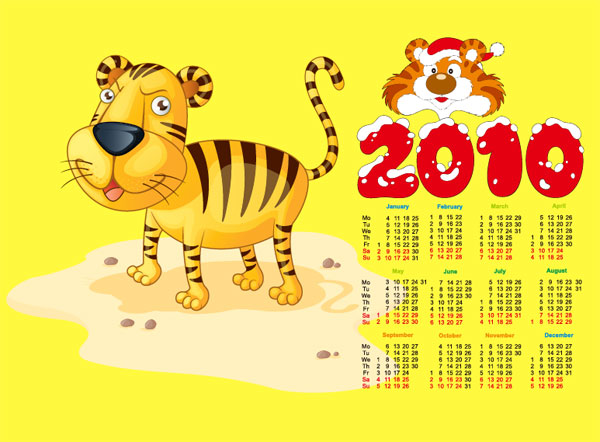 可爱的老虎与2010日历矢量素材