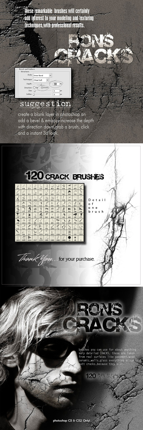 Rons 公司出品的高清晰表面裂缝材质破碎PS笔刷