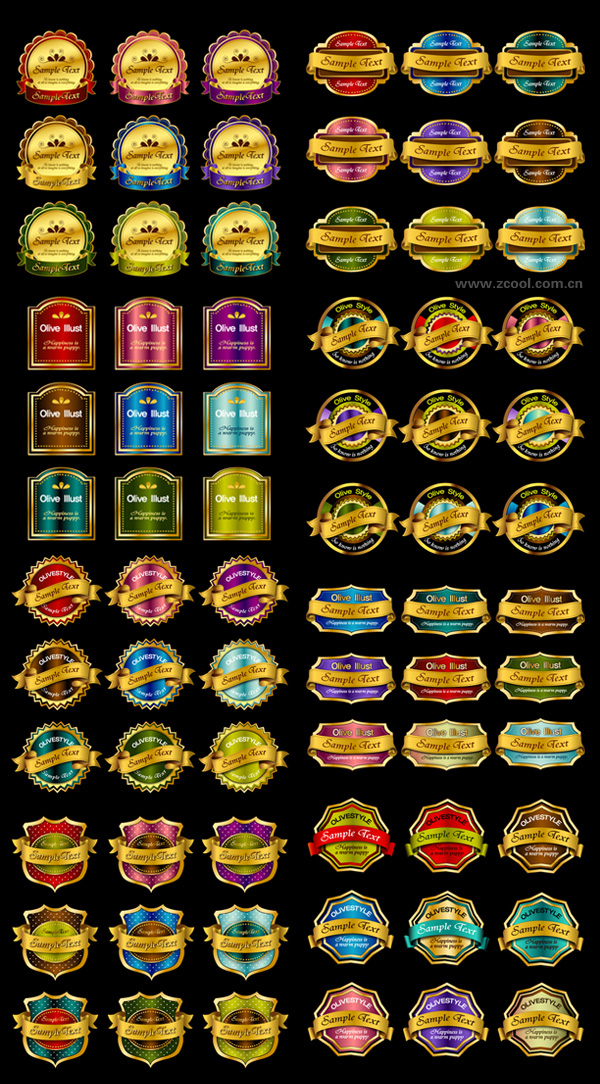 72个金色标签丝带奖章矢量素材&nbsp;