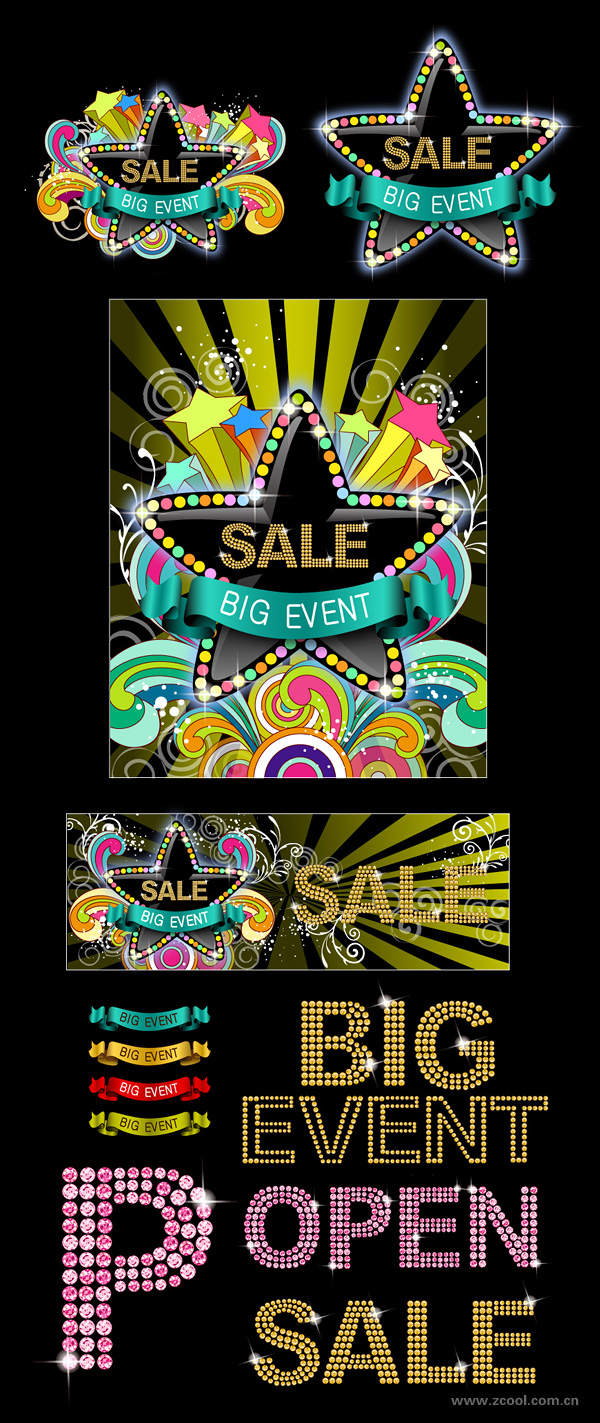 潮流销售吊牌及华丽丽的钻石字矢量素材