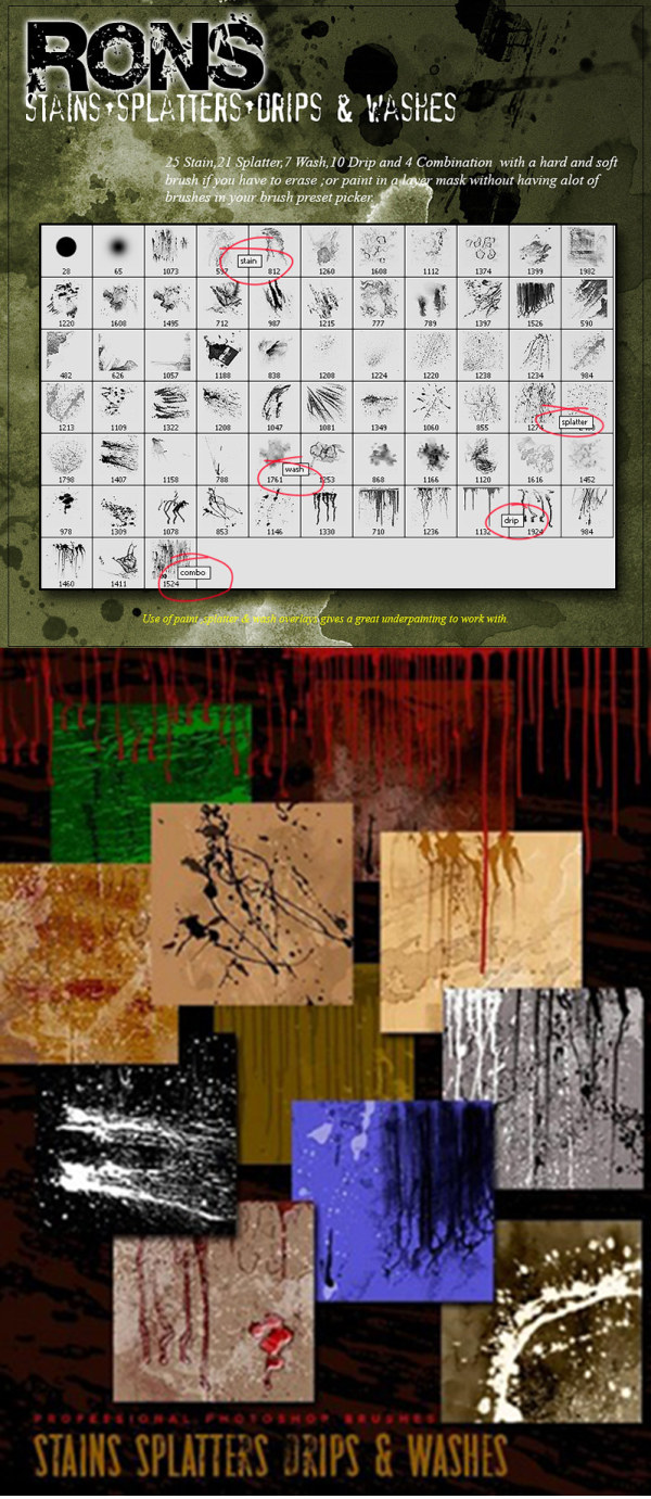 Ron's  公司出品的高清晰血迹、污渍、喷溅类笔刷及样式（Ron's Stain, Splatter & Washes&n