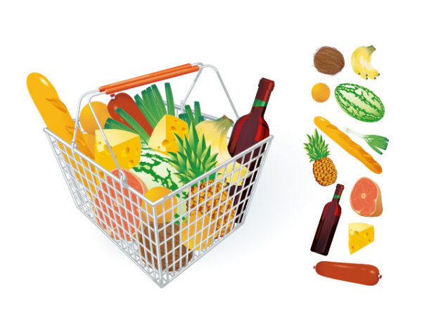Fruits and vegetables and shopping baskets 04 - vector material