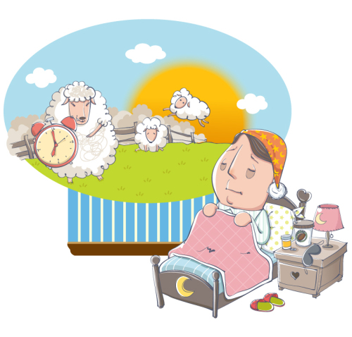 Cartoon man insomnia counting sheep illustrator vector material