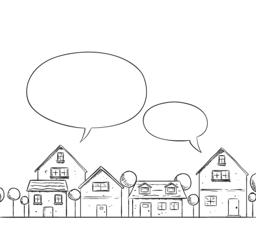 Hand-painted houses and language bubble vector