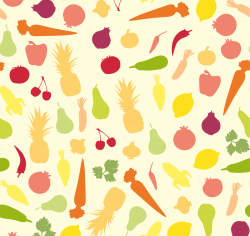 Colored vegetables and fruits seamless background vector