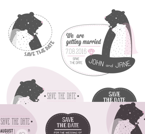 4 cartoon bear tag vector wedding