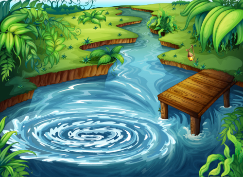 Cartoon pond wooden bridge scenery vector material
