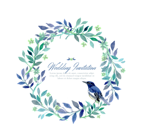 Watercolor wreath and birds wedding invitation card vector