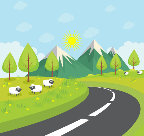Highway on the outskirts of scenery and sheep vector