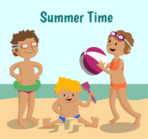 Three children playing Vector material summer beach
