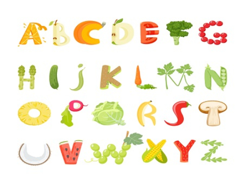 26 vegetables and fruit letter design vector